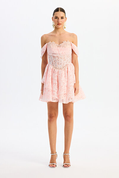 Carmen Pudra Düşük Kol İşlemeli Tül Abiye Elbise