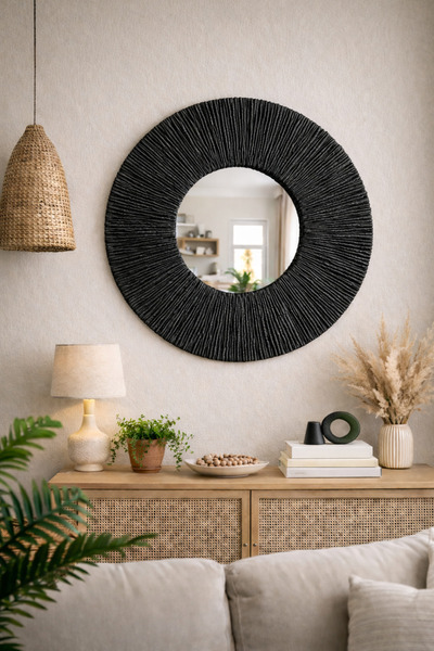 BOHEM Siyah Yuvarlak Duvar Aynası 30 cm – Dekoratif Ayna | Salon Antre