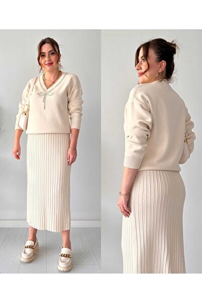 MODA VEDAT Women's Collar Stone Embroidered Skirted Knitwear Set -400