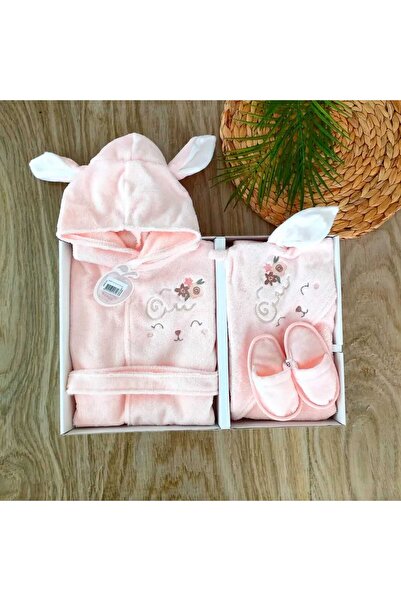 bebe kervanı Kız Bebek Pembe % 100 Pamuklu Naturel Uzun Kulaklı Bornoz Takımı...
