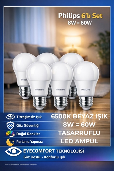 Philips LED Ampul 8W E27 6500K Beyaz Işık Tasarruflu Orijinal