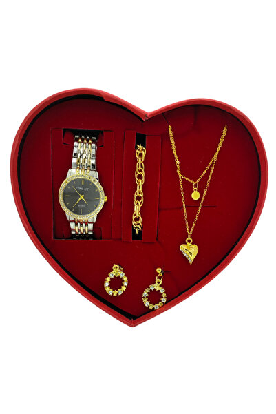 TEKMAKG Kadın İki Renk Taşlı Saat Takı Seti | Kalp Kolye Halka Küpe Bileklik ...