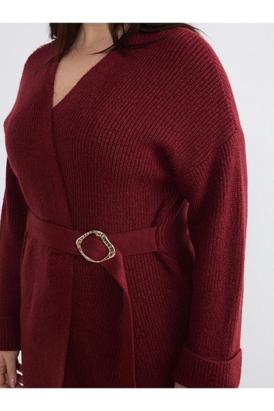 LC Waikiki Cardigan de damă din tricot cu guler șal, culoare burgundy, cu centură în talie