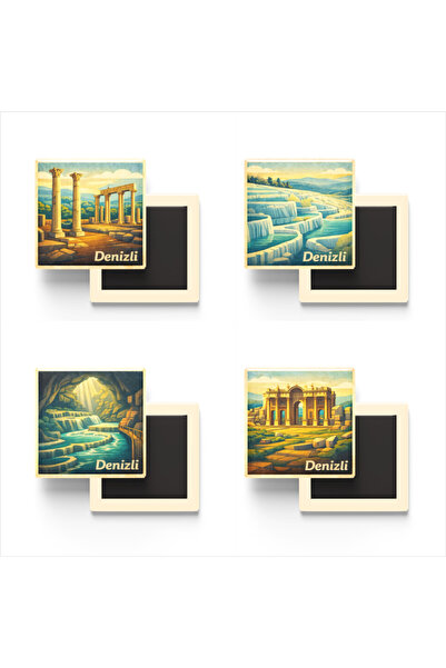 iBerk Mıknatıslı Buzdolap Magneti - Denizli - 4'lü Memleket Seti - 9x9 cm - 4...