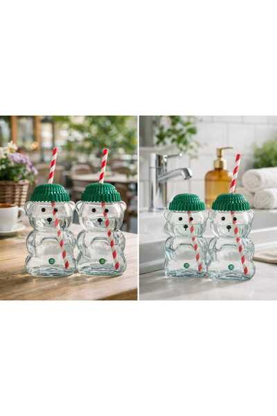 OBLİVİON Teddy Bear Glass Cup with Straw, Set of 4, 500 ml – Green Lid