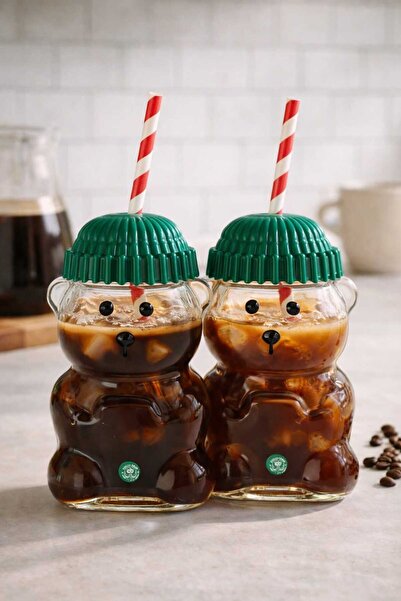 OBLİVİON Teddy Bear Glass Cup with Straw Set of 2 500 ml – Green Lid |   Vale...
