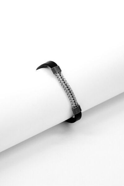 Steeltime Men Wheat Chain Detail Stainless Steel And Leather Bracelet, Black