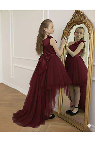 Star Kids Girl's Tail Detailed Bow Tulle Skirted Burgundy Graduation Dress, E...