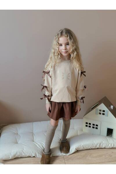 ARBİ kids Kız çocuk fiyonk desenli dokuma duble kumaş etekli tam kalıp takım