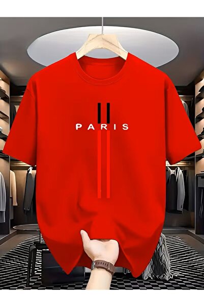 oneagılyazı Black and Red Striped Paris Printed T-Shirt, Comfortable Round Ne...