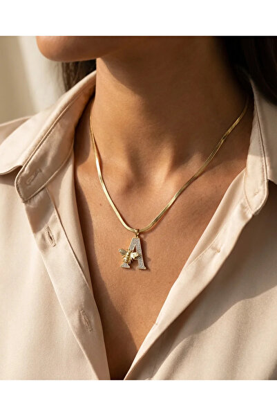 316L Unsharpened Steel Color Zircon Gemstone Letter A Necklace Gold Color Women's Allergic Necklace