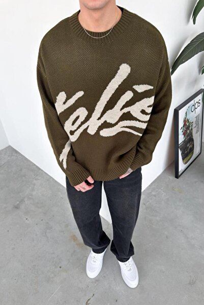 HAFKAGİYİM Khaki Premium Embroidered Print Oversize Sweatshirt