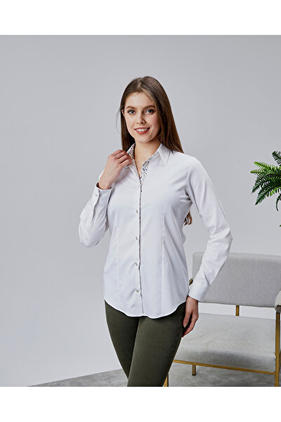 FARQIN White Cotton Satin Fabric and Button Detail Slim Fit Women's Shirt
