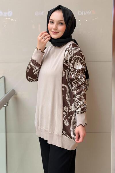 Ghisa Tunic with Knitwear Combination and Floral Pattern on the Sleeves