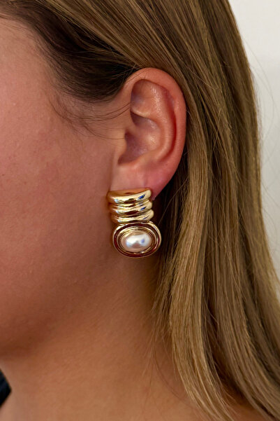 shop Marka Maran Vintage Pearl-Look Stone - Gold Earrings (3 cm)