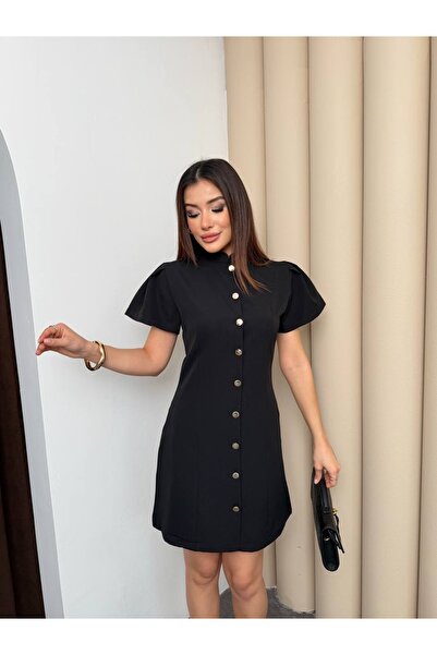 QETEENN Düğme Detaylı Balon Kol Hakim Yaka Mini Elbise