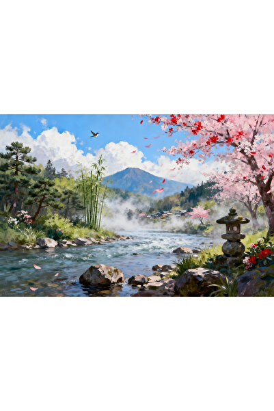 VeliumCraft Tablou Canvas Peisaj in Japonia 27, 70x50 cm, natura, flori, lac,...