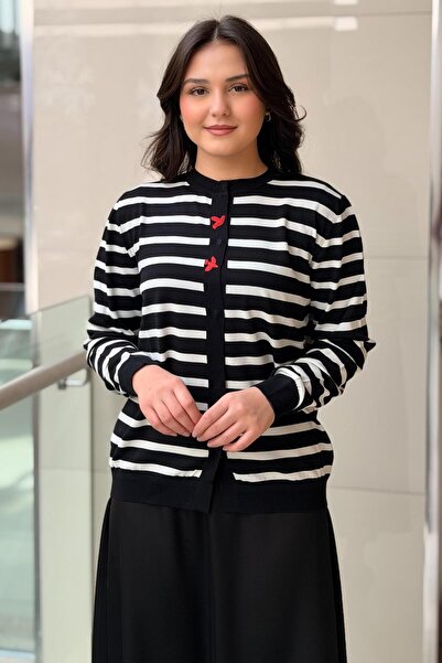 Ghisa Horizontal Striped Mercerized Cardigan with Front Snap Fasteners