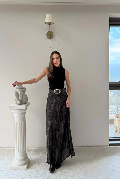 Sorridi Fusta leopard cu curea lungă, potrivită pentru tesettür.