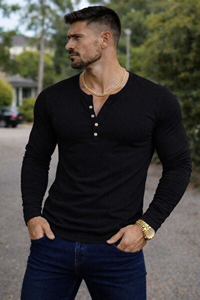 BYBÜLENT Producție specială Tricou cu mânecă lungă, negru, cu guler Henley și...