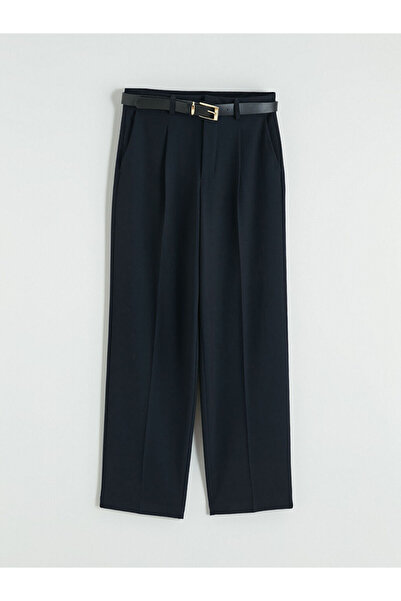 LC Waikiki Lcw Vision Navy Blue Women's Belt Pack Pleated Fabric Pants