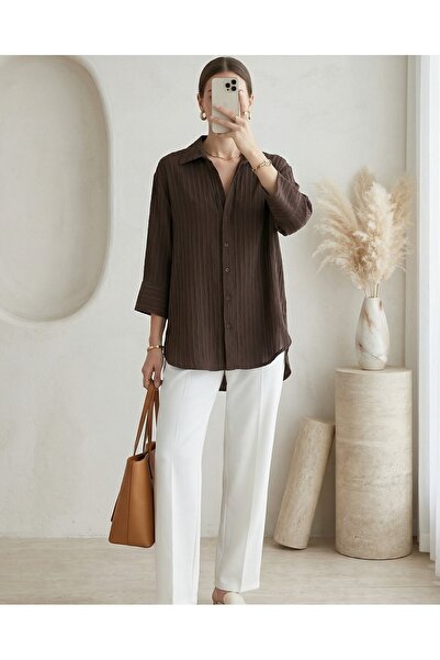 MissRunin Çizgi Desen Oval Kesim Krinkıl Gömlek