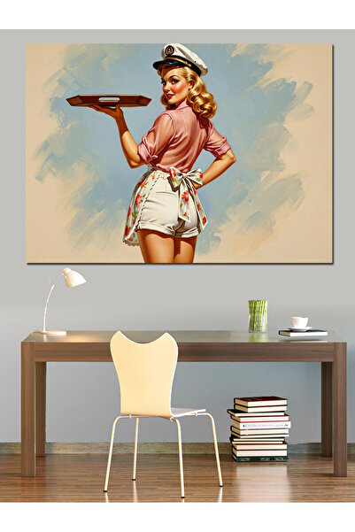 Artmeg Διακοσμητικός καμβάς με vintage πόζα γυναίκας σερβιτόρας - Ξύλινος πίν...