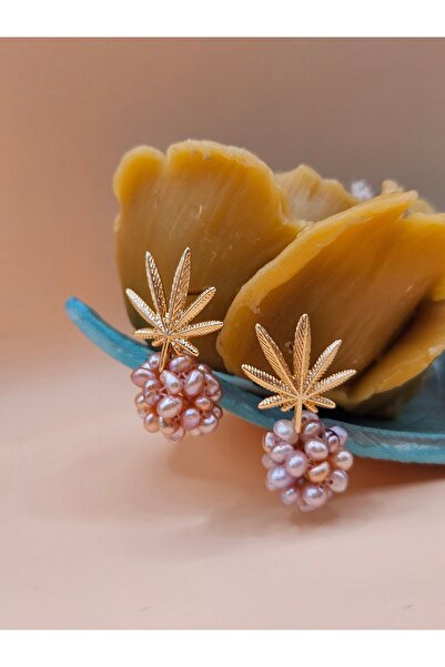 İNCİORA JEWELRY GERÇEK DOĞAL KUM İNCİSİ ALTIN KAPLAMA KÜPE PEMBE/MOR - GÜL/EG...