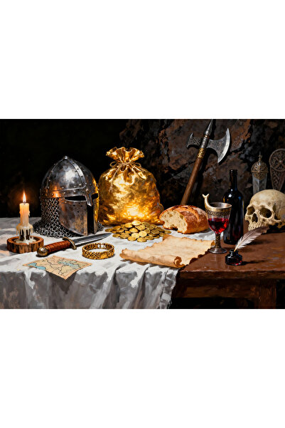 VeliumCraft Canvas Painting Medieval Still Life 1, 120x80 cm, weapons, gold, ...