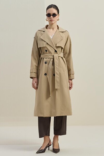 Mahal Double-Breasted Collar Epaulettes Belted Trench Coat