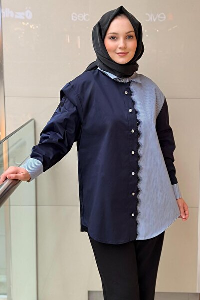 Ghisa Dantel Detaylı Çizgi Desenli Gömlek