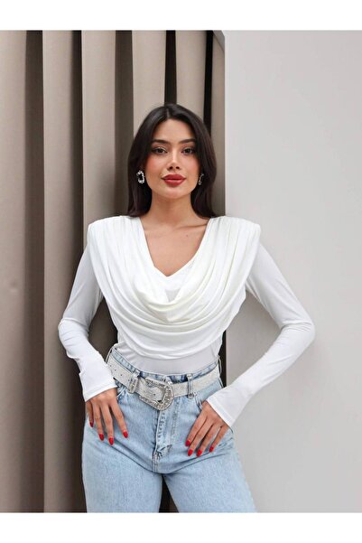 QETEENN Drapeli Ruffled Collar Long Sleeve Sandy Blouse