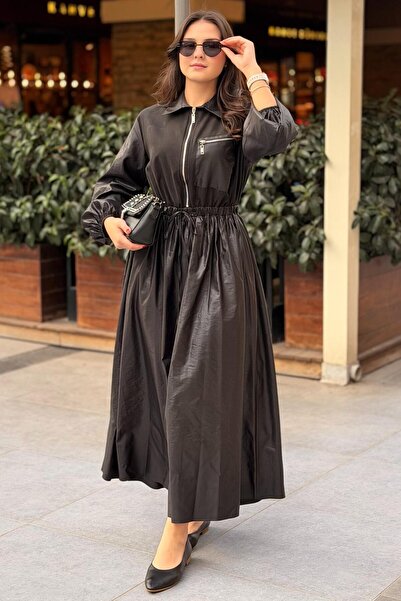 Mahal Half-Zipper Waist Drawstring Parachute Fabric Combination Dress