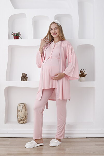 ERDENİZ TEKSTİL Hamile Lohusa 3'lü Sabahlıklı Pijama Takımı - Dantel İşlemeli...