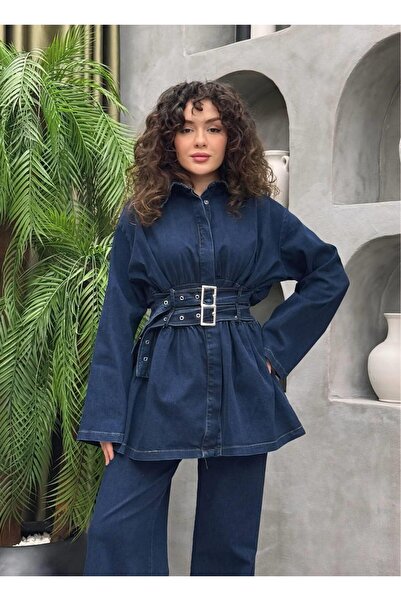 Cardella Valeria Belt Detailed Denim Top and Bottom Two-Piece Set - Hijab-Fri...