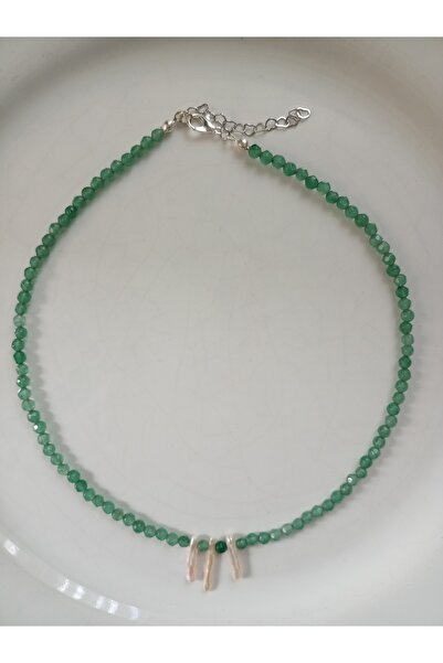 Mudita Tasarım 4 mm faset kesim aventurin taşı ve çubuk inci tasarım kolye