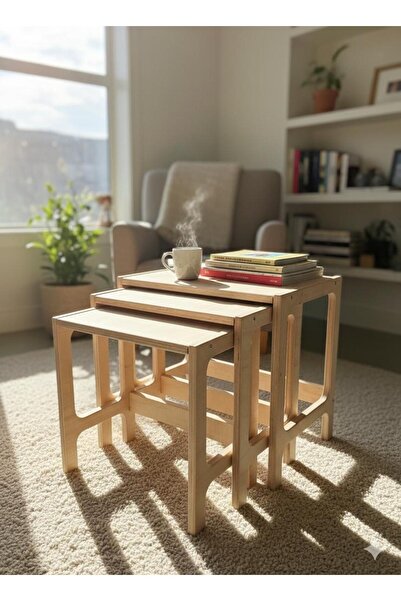 AZM DESİGN Modern Ahşap Zigon Sehpa 3’lü | Salon Yan Sehpa Takımı