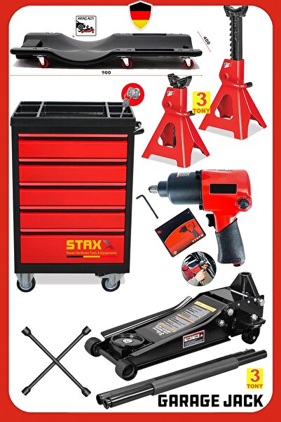 STAXX POWER Tam Donanımlı Oto Servis Seti – 3 Ton Garaj Krikosu + Sehpa + 5 Ç...