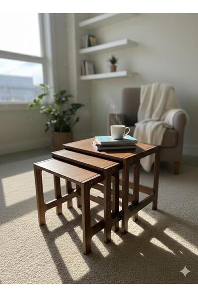AZM DESİGN Modern Ahşap Zigon Sehpa 3’lü | Salon Yan Sehpa Takımı