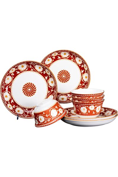Generic طقم عشاء من السيراميك مكون من 8 قطع بنقوش زهرية باللونين الأحمر والأبيض