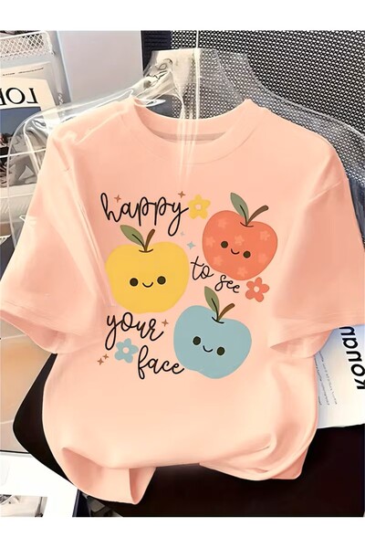 oneagılyazı Apple Patterned Fashion Printed Women's T-Shirt |   Crew Neck, Sh...