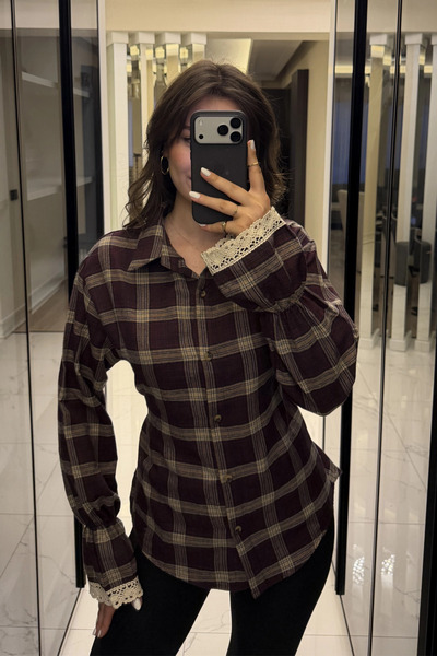 MOZENA Guipure Detailed Waist-Tie Plaid Shirt