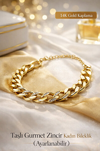 Mareluxe 14K Gold Kaplama Zirkon Taşlı Gurmet Zincir Ayarlanabilir Kadın Bile...