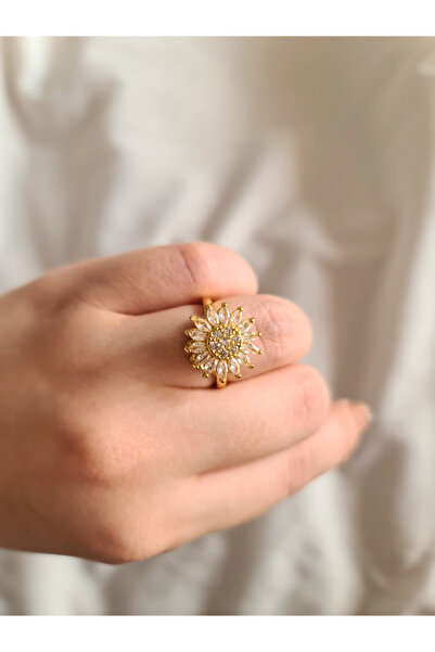 byliora Gold Çelik Dönen Stres Çarkı Çiçekli Ayarlanabilir Yüzük