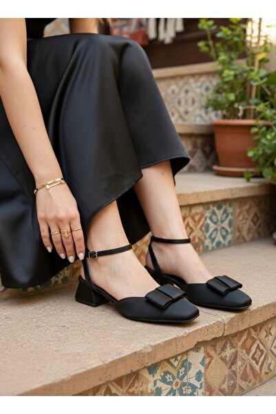 marinarosse Women's Merlin Black Satin Bow 3 cm Thick Comfortable Sole Heeled...