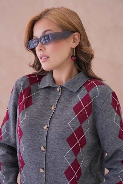 venezia giyim Women's Polo Collar Button Detail Patterned Knitwear Jacket //V...