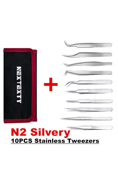 Choice3 مجموعة ملاقط N2 فضية اللون من الفولاذ المقاوم للصدأ، 10 قطع، مع حقيبة...