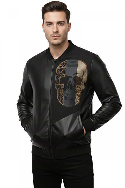 DeepSEA Black Stone Embroidered Skull Pattern Slim Fit Lycra Faux Leather Men...