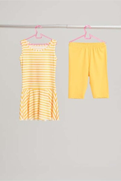 Haşema Κίτρινο κοριτσίστικο μαγιό σετ με φούστα με μηδενικά μανίκια