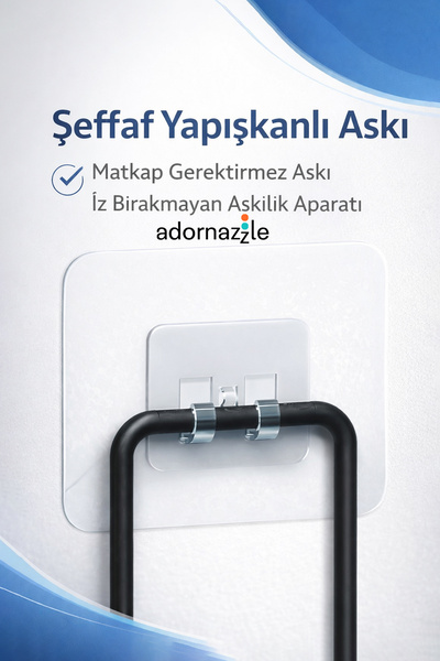 adornazzle 1 Adet Şeffaf Yapışkanlı Askı, Duvar Kancası, Matkap Gerektirmez A...